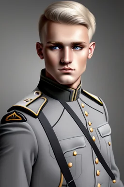 German male soldier, grey uniform, Blond hair, portrait