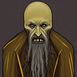 Russian Orthodox nosferatu with five yellow eyes and tentacle beard and long arms and fingers and a head horns