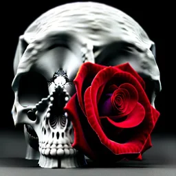 Crack Skull and red rose, marble texture, dark, fantasy art, shallow depth of field, macro lens, unreal engine 5, hyper detailed,8k, HDR, hyperphotorealistic, bone, set in fire