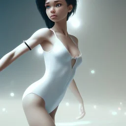 3d female, muscular, white leotard, black hair, cute big circular reflective eyes, thin waist, Pixar studio movie style, unreal engine cinematic smooth, intricate detail, cinematic, wide angle, full body