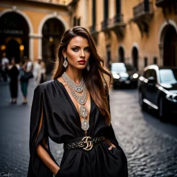 Beautiful model female fashion vogue style, portraits with dresses Gucci, Balenciaga, Chanel, background Rome via Nazionale, via Condotti, Piazza di Spagna, Dramatic ambience, wearing shining Diamond Jewelry, in sharp focus, post – processing, perfect composition, global illumination, Canon EF 16 – 35mm f/ 2. 8L III USM Lens on a Canon EOS 5D Mark IV camera, Cinematic lighting, Dramatic lighting, sharp focus, photorealistic, Ultimate Luxury, romantic mood, expressions, 4k, 8k, 16k, full ultra hd