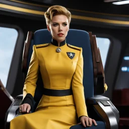 Scarlett Johansson as a Starfleet officier, she sits in the yellow dress uniform on the captain's chair