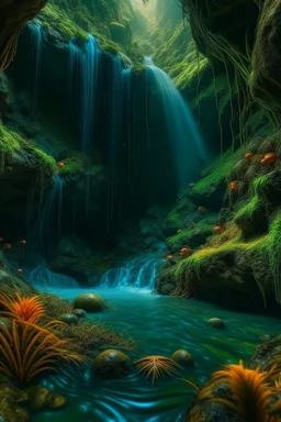 A cave with covered with waterfalls