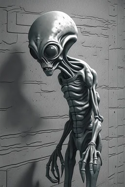 a gray alien standing by a wall pissing back view he turned face write scared
