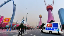 A police Tesla Cybertruck is chasing a Tesla 'Model S Plaid' at top speed, across 'Lotte World', in Seoul (South Korea). CINEMATIC. WIDE ANGLE LENS.