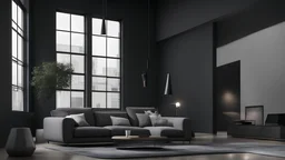 Loft minimalista, pe direito, sofa, paredes escuras