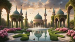 Hyper Realistic Huge Green-Bricked & beautifully-crafted-Brown-minarets & marble-flooring in a huge beautiful flower-garden with grass-arches & water-fountain & pigeons flying at cloudy sunset showing dramatic & cinematic ambiance