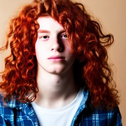 teen, male, with long red curly hair, real photo, soft lighting