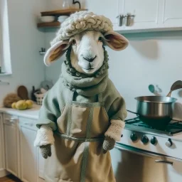 A sheep in the shape of a sheep, wearing a cooking outfit that looks the same color as its skin, in the kitchen, cooking