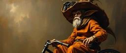 master oil painting by Rembrandt, trike man, gremlin orange