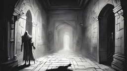 Şatonun koridorlarında dolaşan Draven'ın hayaletini gösteren bir sahne çizin. Hayalet, karanlık bir koridorda belirsiz bir şekilde görünmeli. renkli olsun