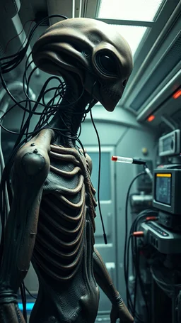 A full body hybrid human with creatures looks like alien face inside a laboratory connected with many wires and small plastic tube to big machine inside a aliens space ship, 4k , high quality picture and dim lighting with small screen monitors