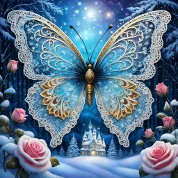 Beautiful filigree lacey butterfly, winter wonderland background, triple frosted heart with bi colored roses, glitter, glowing, transparent, sparklecore, Thomas Kinkade, realistic painting, 8K