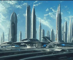 Spaceport on a heavy industrialized planet with futuristic high rise buildings with glass facades in the background and a docked spaceship in the foreground, retrofuturistic, art by John Berkey, brutalist architecture, insanely detailed, vibrant, 8k uhd, cinematic atmosphere, ultra-wide angle, street level view, brush strokes, blue sky with clouds, sharp focus