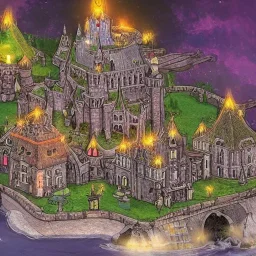 A magical canal city of wizards, witches and warlocks with a castle Dan Santat style