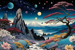 Colourful, peaceful, Amano, Hiroshige, night sky filled with galaxies, planets and stars, rock formations, trees, flowers, one-line drawing, sharp focus, 8k, deep 3d field, intricate, ornate, hypermaximalist