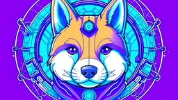 draw the logo of a cute purple Shiba inu dog with cybernetic modifications (blue glowing button on the forehead and cables running from the button to the ears and muzzle). In the background is a light blue circuit board