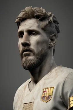 Realistic image, lionel Messi Roman sculpture made in marble with gold veins, gold laurel leaves crown, gold ornaments, Renaissance style, sun rays background, waist up portrait, epic, celestial, cinematic lighting, God lights, 4k resolution, smooth details, soft lighting, unreal engine 5, art station, substance 3d.