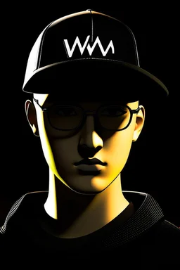 Male face oval shape, soft, smooth skin with warm golden brown tone, with large, expressive brown eyes, shining with curiosity, wears square glasses with smooth edges. Short sleek black hairstyle, partially covered with black baseball cap with a slightly curved brim, with the letters VMA in the middle in white, worn at a small angle, creating a shadow on the forehead and mask covering the nose and mouth , with delicate folds at the edges, creating the impression of a soft smile, and feeling of j