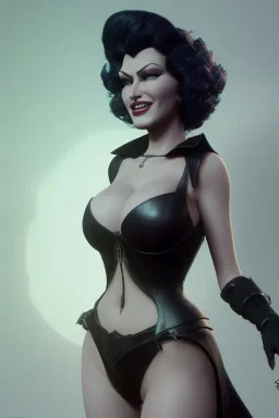 Rita Hayworth as evil queen in black leather, busty, cleavage, curvy, angry, stern look. character design by cory loftis, fenghua zhong, ryohei hase, ismail inceoglu and ruan jia. unreal engine 5, artistic lighting, highly detailed, photorealistic, fantasy