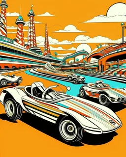 A tan racecar theme park in pop art style