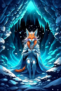 the goddess Nyx as a night fox living under the snow in a dark cave lit with fire, anime, airbrush with pen outline