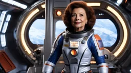 grown up Penny Robinson from lost in space: she stands in her iconic space suit inside the spaceship