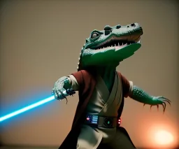 Star wars animation, crocodile, frills, samurai robe, holding lightsaber, hands, wrist gauntlets