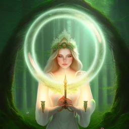 romantic fantasy spray painting, portrait of very cute hooded green eyed blonde robed bard with halo sitting on huge stone, bubbles, tossing torch in magical forest, foliage frame, magic wand