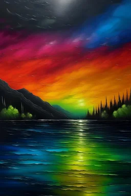 dark rainbow dawn lake background stained old oilpainting