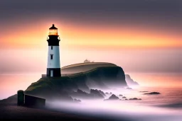 Lighthouse in England, foggy day with a climp of sunset, seagull is sitting in the foreground