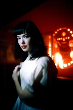 Betty Page and force ghost art from japanese style 1980 movie. Heavy metal arcade. perfect lighting, leica summicron 35mm f2.0, kodak portra 400, film grain. hangover post party, wasted, closeup and mist.