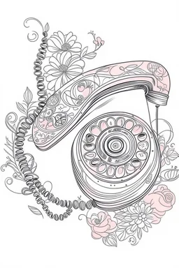 A delicate, floral-patterned phone with a curved receiver rests on a lace doily. A handwritten note with a heart drawn on it lies beside it. Style: Art Nouveau, Mood: Romantic, Lighting: Soft, diffused light with a warm pink hue, T-shirt design graphic, vector, contour, white background.