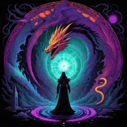 [psychedelic pixel illustration by Jannell Jaquays with Soul-Crushing colour palette] in the Necromancer's lair, a portal crackled with dark energy, guarded by a dragon of ancient knowledge. With a final gesture, the Necromancer stabilized the portal, revealing otherworldly dimensions. The swirling vortex beckoned, promising mysteries and dangers in the shadows beyond.