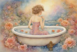 woman in bubblebath, wet on wet + sunrise, petals, watercolor patchwork by Daniel Merriam, Josephine Wall. elegant beautiful watercolor aquarelle