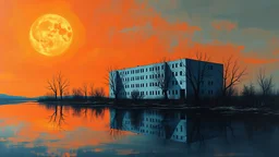 An eerie, textured painting depicts a desolate, blue-grey building complex under a vibrant orange sky with a large, glowing sun. The building and bare trees are reflected in dark, still water, adding to the scene's somber mood.