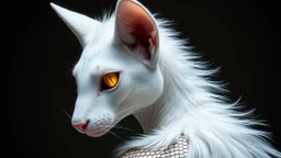 white stylish with textured ears with tufted tips and a subtle pink interior, long and white, sharp jawline and high cheekbones, piercing yellow deep galaxies bright glowing aura with vertical pupils and a golden ring around the iris, soft and white fur trim on shoulders that's longest at the back, intricate subtle and shimmering silver scales on arms