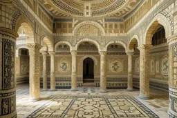 A beige monastery in a tornado designed in ancient Greek mosaics