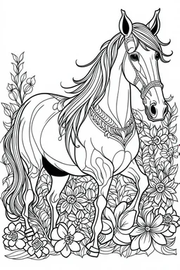 outline art for horse coloring pages with horse and flowers, white background, Sketch style, full body, only use outline, clean line art, white background, no shadows and clear and well outlined