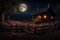 Dry trees, night, full moon, cabin, yard with flowers, fence, photo hd