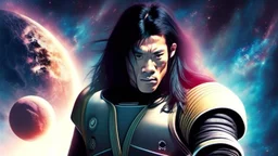 Martial Arts master, kicking, fighting, long hair, epic, space, planetary, planet destroying, dark, cute