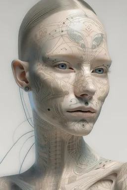 Portrait of a woman, creamy colors, robotic skin, embroidery on skin