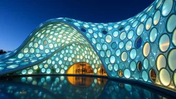 A stunning pavilion with wave-like, curved architecture made from a combination of crystal-clear glass and bioluminescent materials. The structure is adorned with countless windows of varying shapes, creating a mesmerizing play of light and shadow. Award-winning photograph, beautiful composition, exquisite detail and illumination