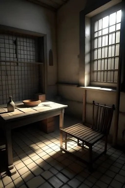 "Draw an old prison cell in an ancient era with minimal furniture and remnants of food."