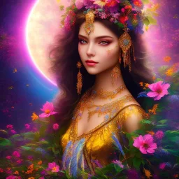 bright indigenous fairy, beautiful portrait, flowery landscape, light, sun