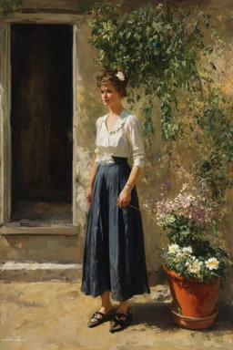 one woman, house, vegetations, flowers in pot, dirt, alfred stevens, and gustave caillebotte paintings