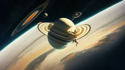 a space station floating above Saturn