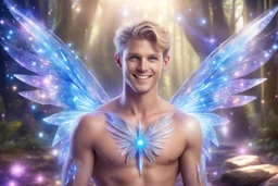 cosmic bionic beautiful men, smiling, with light blue eyes and long shirtless and crystal wings, in a magic extraterrestrial landscape with coloured fairy forest stars and bright beam