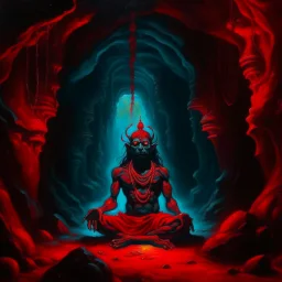 An oil painting of Hindu god YAMA in a cave, neon red colors, high detail, dark vibe