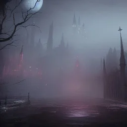 hyper realistic Bloodborne cityscape with dark entity looming in the fog